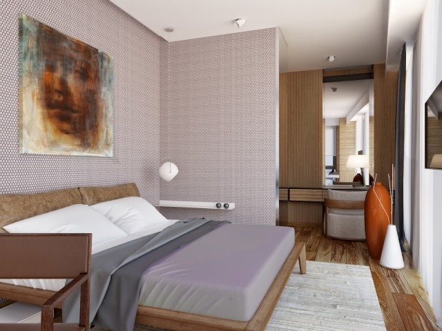 malá spálňa drevený rám postele kožené čelo purpurové nuansy malá spálňa-drevená posteľ-rám-koža-čelo postele-purpurové nuansy