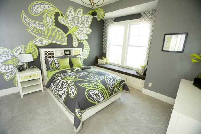 Dievčenské izbové zelené kvety nápady sivá stena