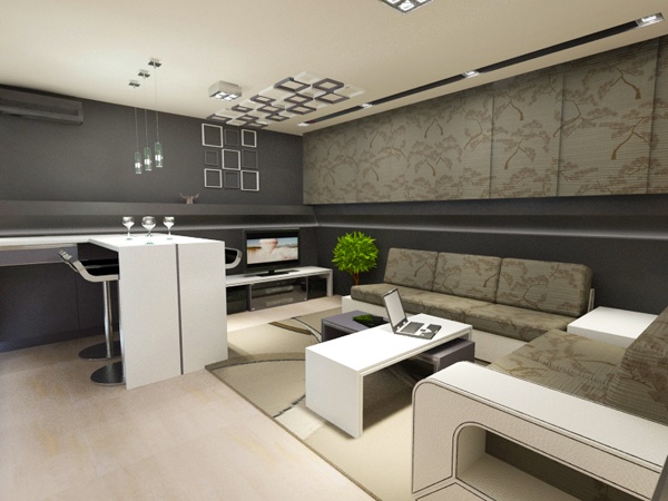 Nápady na dizajn stropu sivé steny svetlý strop Nápady-na-strop-dizajn-sivé-steny-svetelný-strop