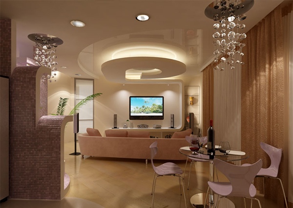 Nápady na dizajn stropu: vírivá obývacia izba so zaveseným stropom Nápady na dizajn stropu-zavesený strop-vírivá obývačka