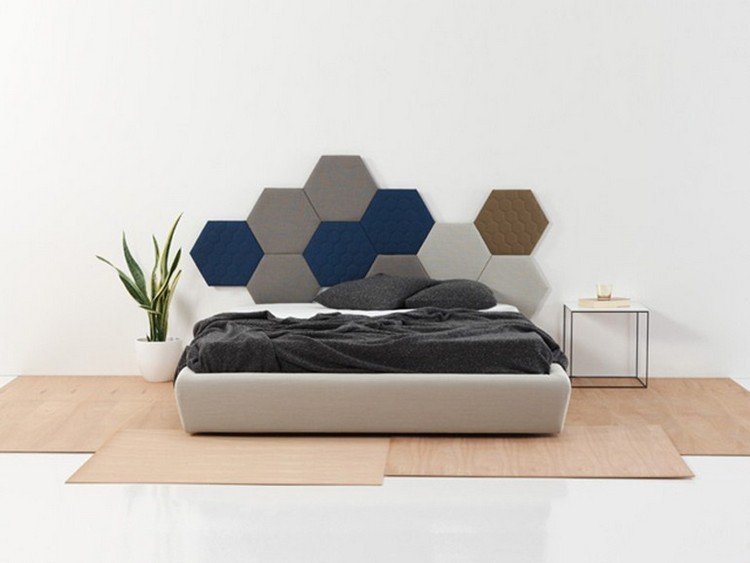 Šesťhranné stenové panely namiesto čelo postele - dekor pohlcujúci zvuk v spálni kreatívne bývanie-nápady-stena-dizajn-spálňa-posteľ-čelo postele-látkové-stenové panely-šesťuholník-ČAJ-SANCAL-DISENO