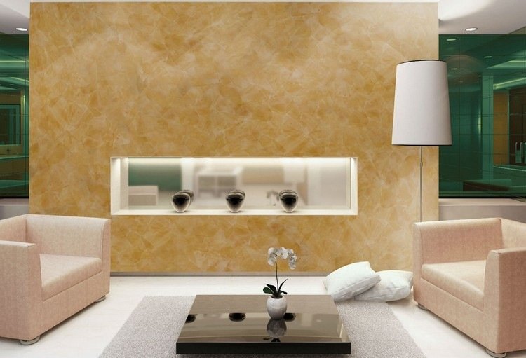 Žltá okrová farba pre akcentačné steny v obývacej izbe - rokoko od Valpaint kreatívne obývacie nápady-stena-dizajn-farba-obývacia izba-okrová-žltá-led-pás-rokoko-valpaint