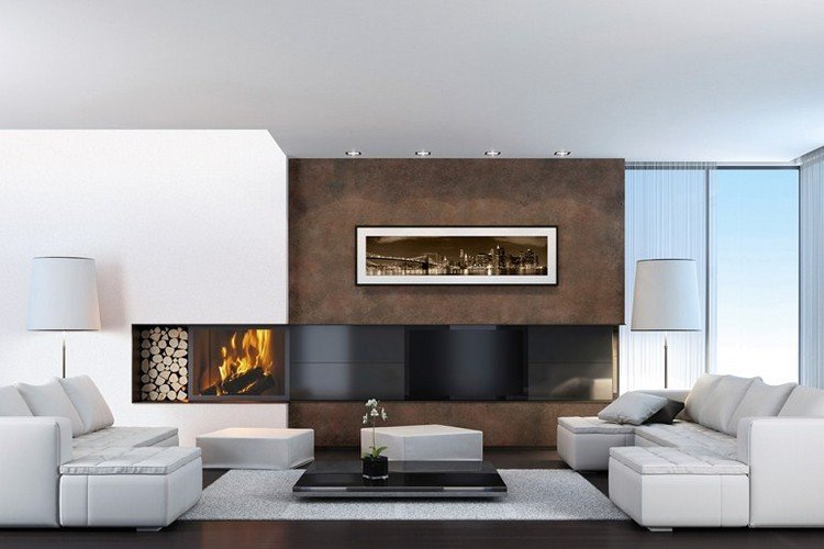 Farba s čokoládovo hnedým efektom a biely nábytok do obývačky - Klondike od Valpaint kreatívne bývanie-nápady-stena-dizajn-farba-obývačka-čokoláda-hnedá-biely-nábytok-KLONDIKE-VALPAINT