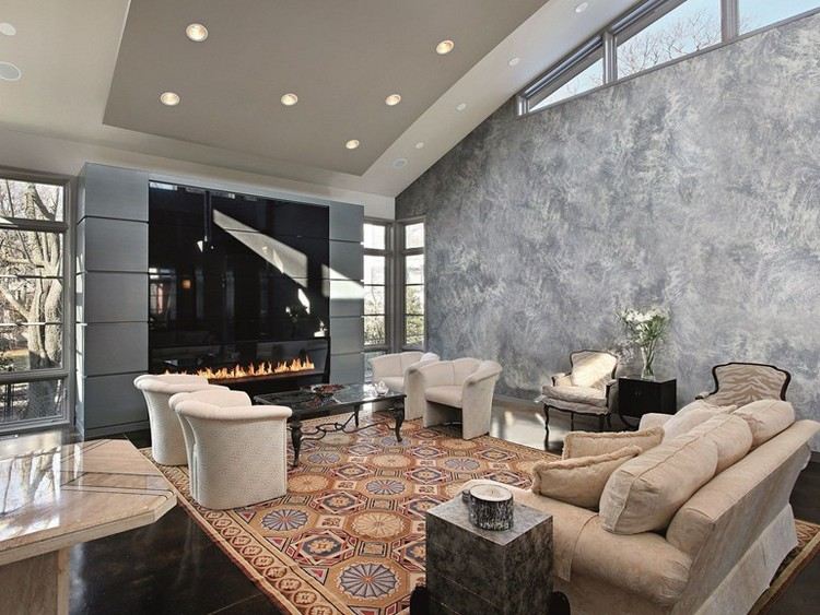 Nástenný dizajn v obývacej izbe v šedej farbe s farbou štruktúry kreatívne nápady pre obývaciu izbu-stena-dizajn-sivá-omietka-glazúra-LUNANUOVA-Colorificio-San-Marco