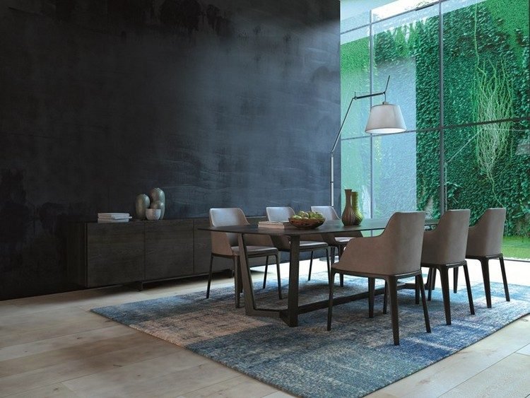 Antracitová farba na stenu s kovovým efektom v jedálni - Easyart kreatívne bývanie-nápady-jedáleň-stena-dizajn-kovový efekt-antracit-EASYART-Colorificio-San-Marco