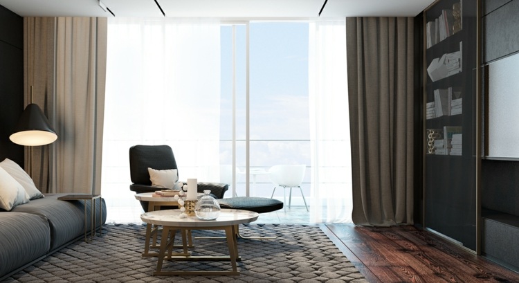 V interiéri je podlaha z parkiet a kobercov štýlový luxusný interiér nástenná jednotka sklenené parkety červenohnedý stôl