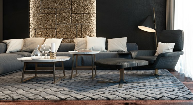 Interiér v obývacej izbe je veľmi štýlový štýlové a luxusné interiéry pohovka sivé konferenčné stolíky kreslá stojacia lampa