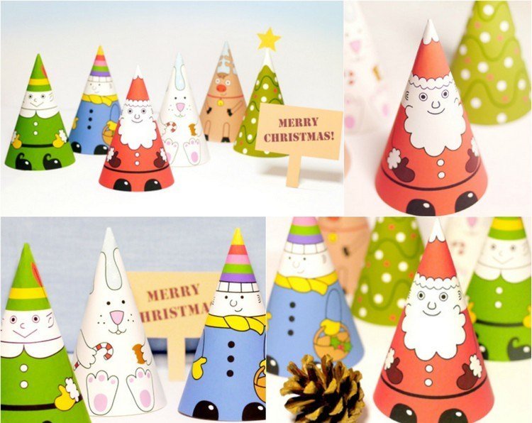 Bábiky zo skladacieho papierového skladu v tvare kužeľa šablóny ručných prác-vianočné-výtlačky-bábiky-konštrukcia-papier-deti-tvar kužeľa