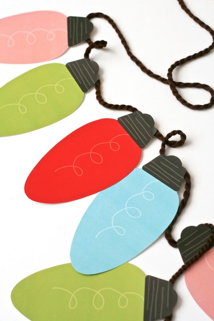 Girlandové rozprávkové svetlá so žiarovkami zo stavebného papiera Vytlačte si šablóny ručných prác na Vianoce - veniec - rozprávkové svetlá - stavebný papier