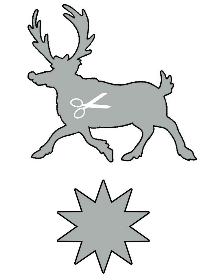 Šablónový los a obrázok okna hviezdy šablóny ručných prác, vianočné vytlačenie šablóny vzor losa, obrázok hviezdy a okna