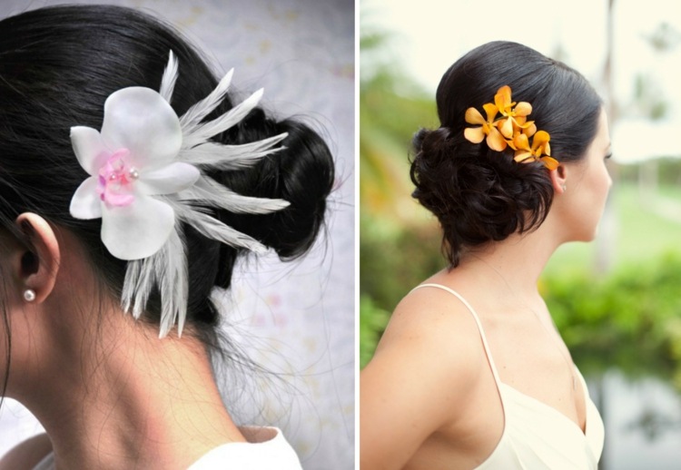 Svadobné účesy s orchideami v bielej farbe s perím a oranžovou perie biele svadobné účesy s orchideami žlté kvety oranžové