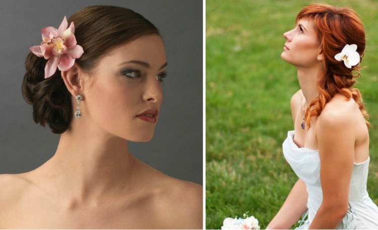Svadobné účesy s orchideami môžu vyzerať elegantne a romanticky svadobný dizajn nevesta orchidey nápad updo pootvorený