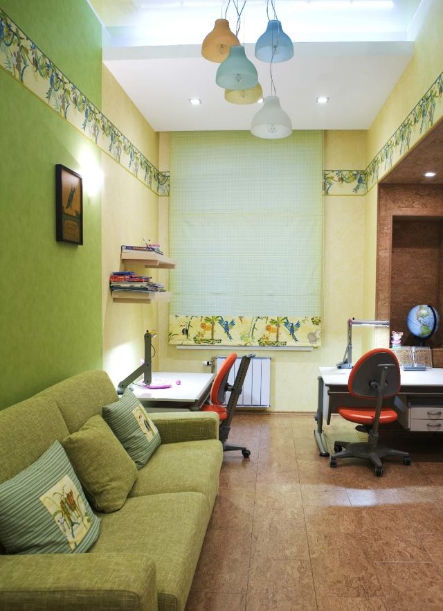 farby steny-nápady-detská izba-súrodenci-batoľatá-zelená-pastelová žltá