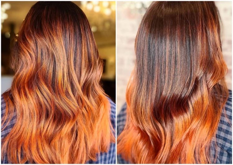 Spálené oranžové vlasy oranžovo hnedá balayage