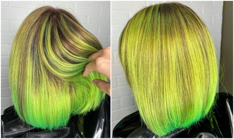 Neónové vlasy purpurovo zelené a blond
