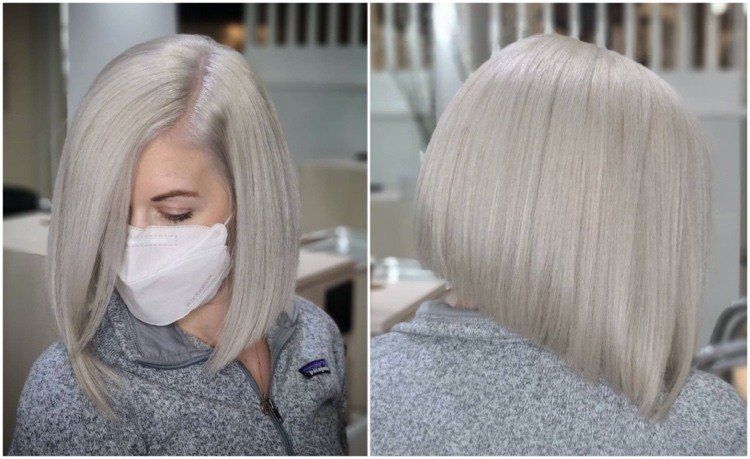 farba vlasov strieborná blond so šikmým bobovým účesom