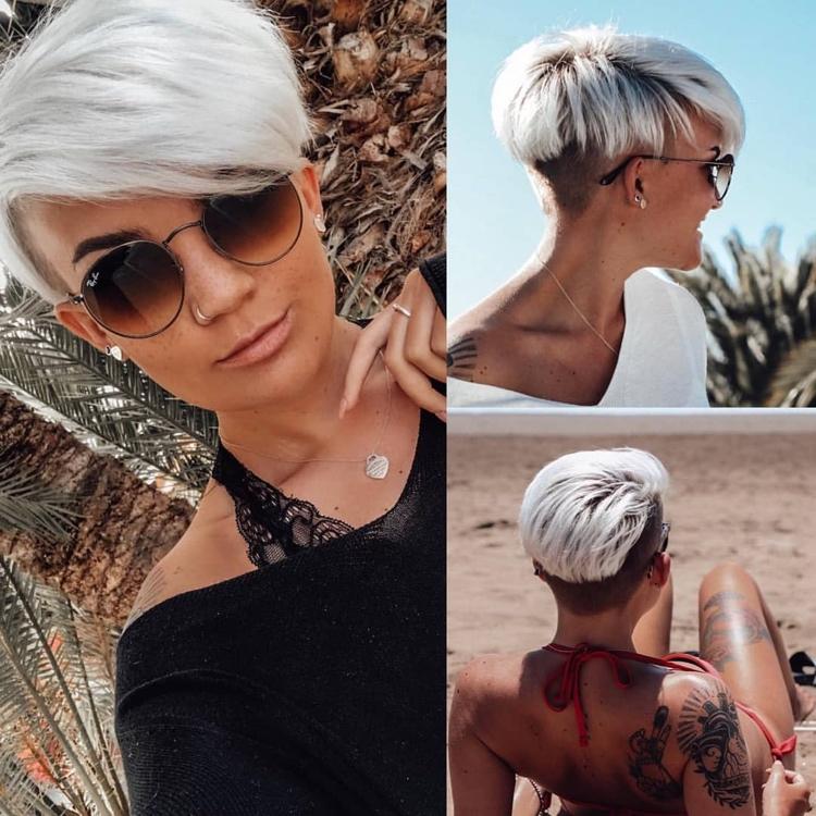 biela blond platinová blond krátky účes s podrezaním