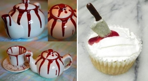 Sušienková dekorácia uviaznutá v noži pre halloweenske nápady ručných večierkov Nôž uviaznutá sušienková dekorácia Halloween nápady párty riad