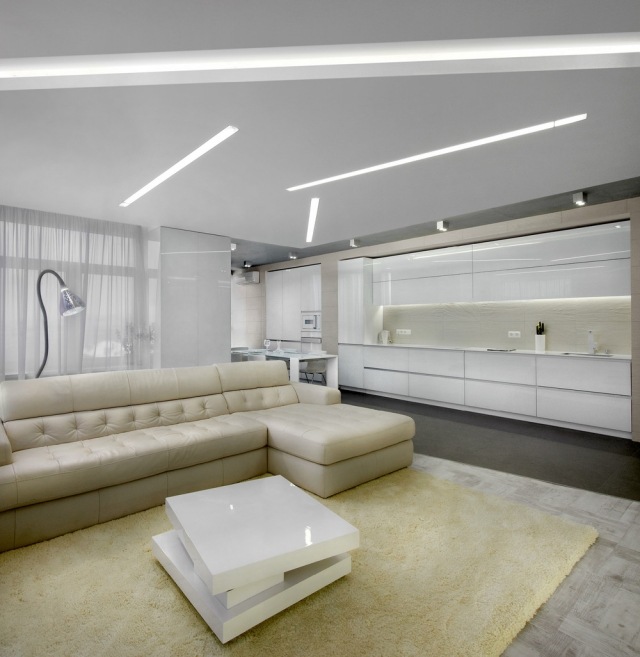 zariadenie nápady do obývačky otvorená kuchyňa jedálenský kút krémovo biele stropné osvetlenie Nábytok pre nápady na osvetlenie obývačky s otvorenou kuchyňou a jedálňou-krémovo-biele stropné osvetlenie