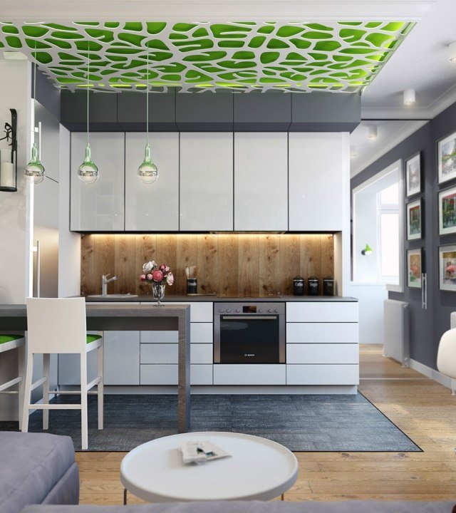 otvorená kuchyňa v imitácii dreva s ochranou proti striekajúcej vode otvorená kuchyňa-biela-ochrana proti striekajúcej vode-imitácia dreva