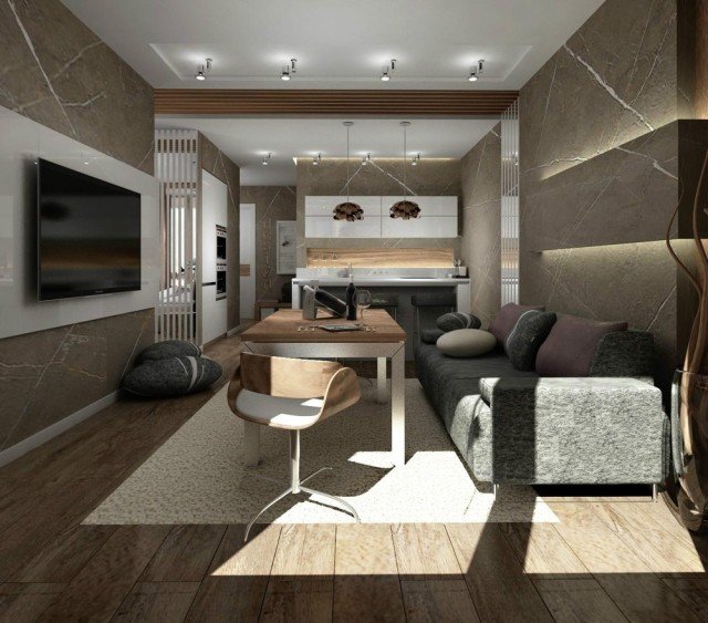 obývacia izba jedálenský kút otvorená kuchyňa moderné usporiadanie povrchy z dreveného kameňa obývačka-jedálenský kút-otvorená-kuchyňa-moderné-usporiadanie-povrchy z dreva a kameňa