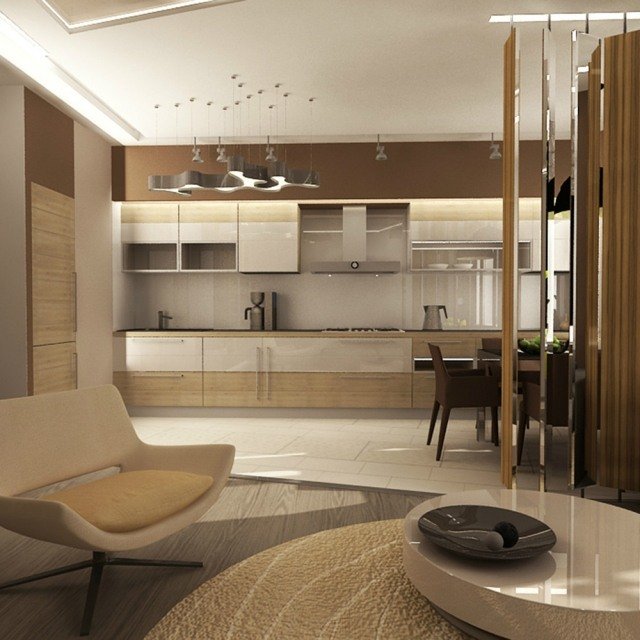 obývacia izba s otvorenou kuchyňou farby béžová hnedá vysoký lesk biele povrchy obývačka-s-otvorenou-kuchyňou-farby-béžovo-hnedá-vysoký-lesk-biely-povrch