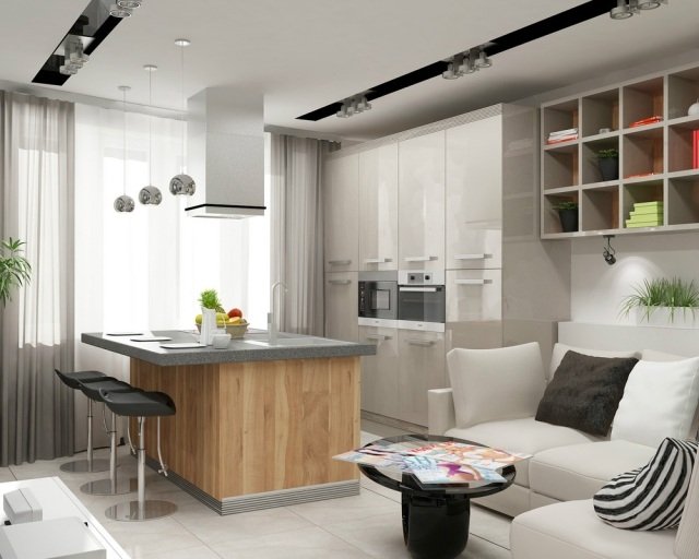 obývacia izba s otvorenou kuchyňou v malej miestnosti zariadenej vo svetlých farbách obývacia izba-s-otvorenou kuchyňou-malá izba-svetlé farby