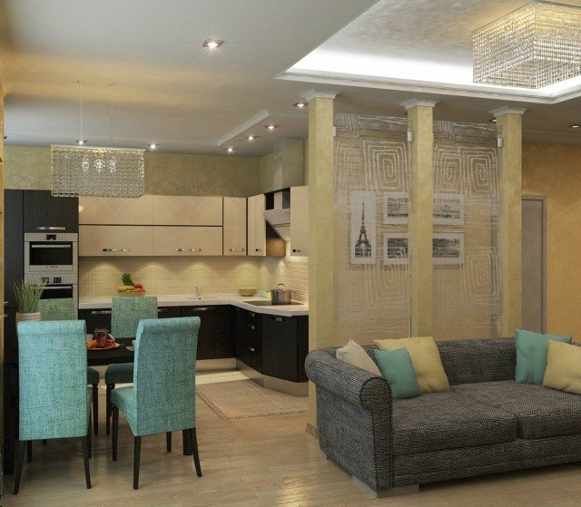 obývacia izba s otvorenou kuchyňou a jedálenským kútom farby žltá tyrkysová zaujímavé osvetlenie obývačka-otvorená-kuchyňa-jedálenský-priestor-farby-žltá-tyrkysová-zaujímavé-osvetlenie