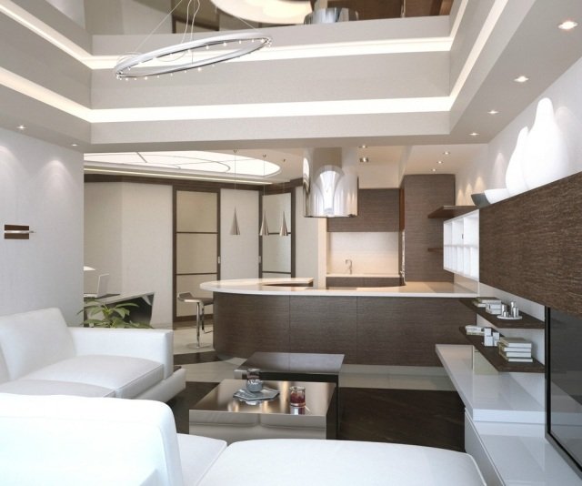 obývacia izba s otvorenou kuchyňou dizajnové farby biela tmavý tón dreva obývačka-otvorená-kuchyňa-hosť-úprava-farby-biela-tmavá-tón dreva