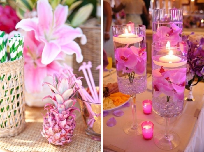 deco-nápady-leto-svadba-na-pláži-ružové-kvety-zeleno-biele-slamky