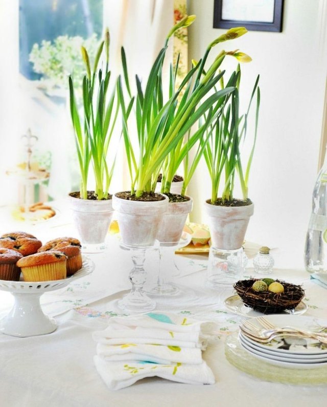 Nápady na dekoráciu pre veľkonočný stôl v kvetináči narcisov hniezdia vajíčka