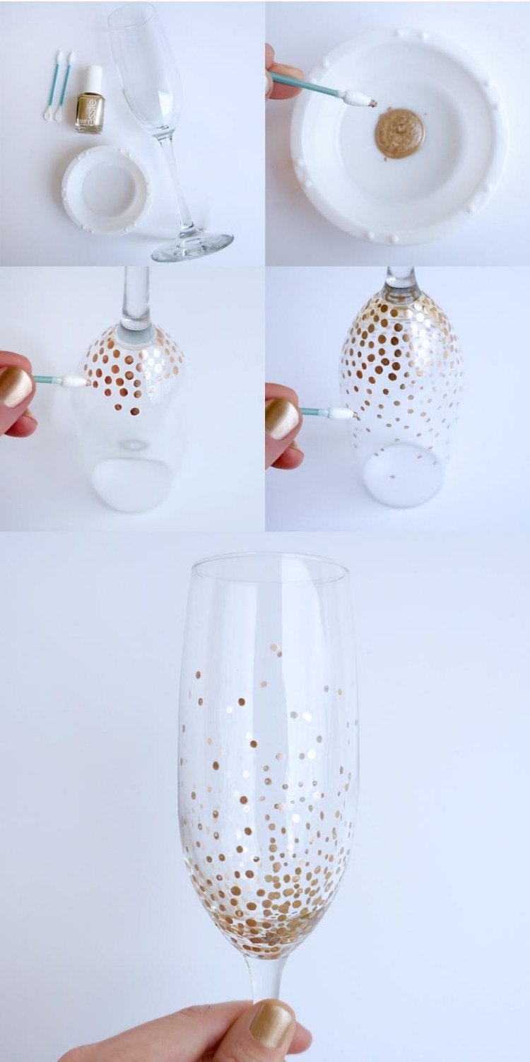 Poháre na šampanské ozdobte zlatým lakom na nechty nápady na darček-svadba-poháre na šampanské-kutilský lak-zlato-kreatívne-krásne-jednoduché