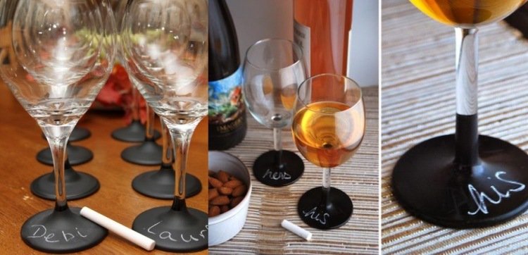 Zafarbite nožičky okuliarov matnou čiernou farbou a napíšte na ne kriedou nápady na darček-svadobné okuliare-nohy-čierna-farba-matná-krieda