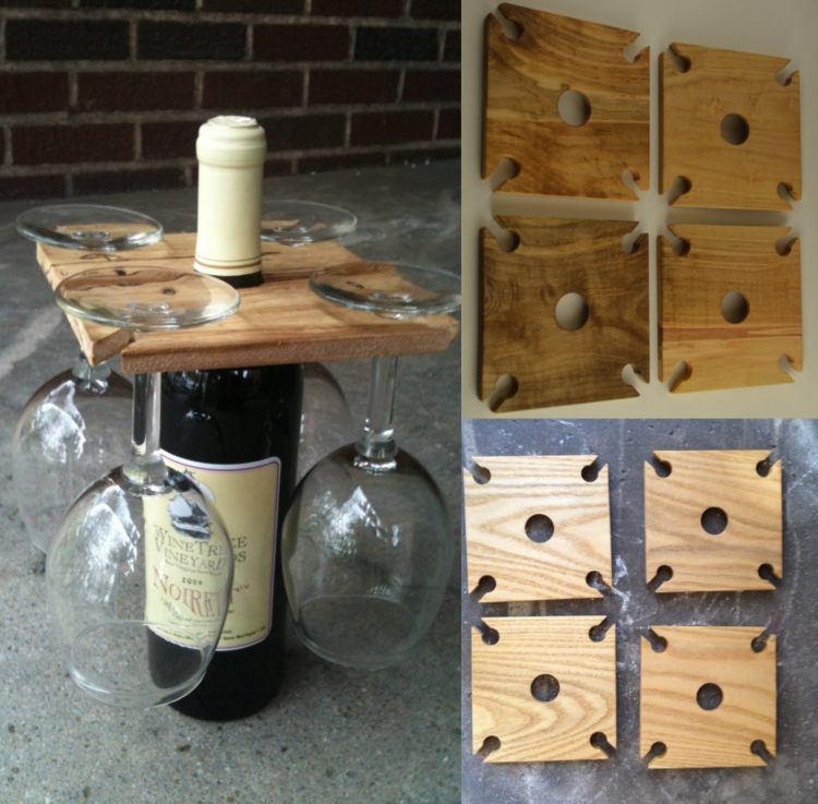 Zo štvorcovej drevenej dosky vyrobte stojan na poháre a fľaše vína nápady na darčeky-svadobné-poháre na víno-fľaša-drevo-hranaté-kutilstvo-jednoduché