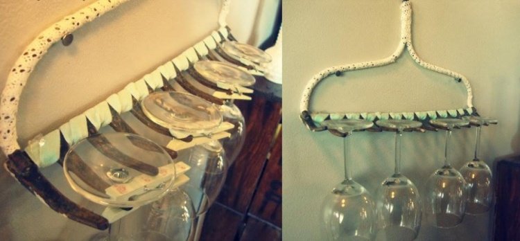 drotárske kreatívne sklenené stojany zo starých hrablí nápady na darčeky-svadba-pohár na víno-stojan-hrable-deco-diy