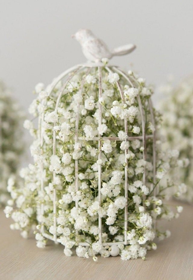 výzdoba stola svadobný vintage nápad gypsophila v klietke pre vtáky dekorácia stola pre svadobnú vinobranie-nápad-gypsofila-klietka pre vtáky