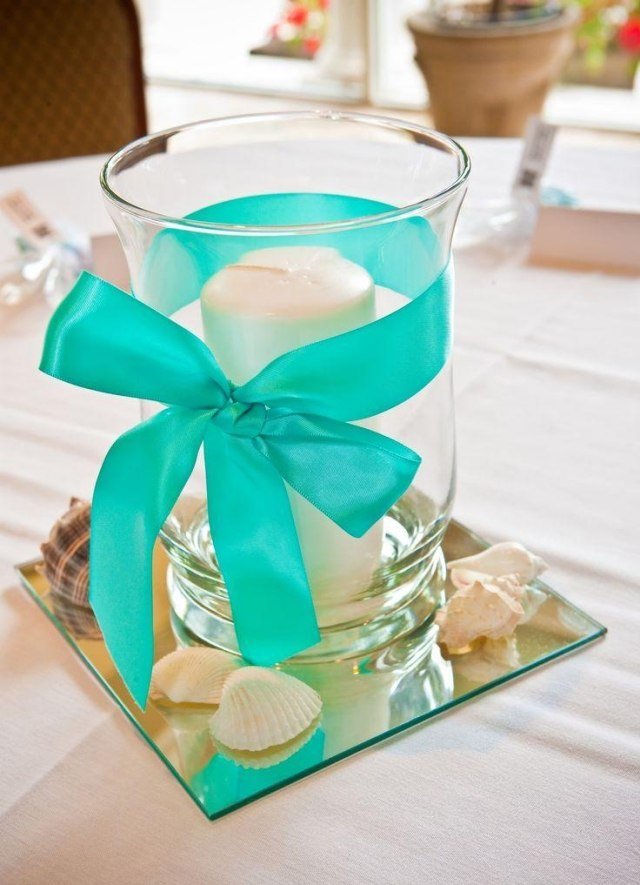 dekorácia stola svadobná pláž letné veterné svetlo aqua slučka dekorácia stola-svadba-pláž-leto-veterné svetlo-aqua-stuha