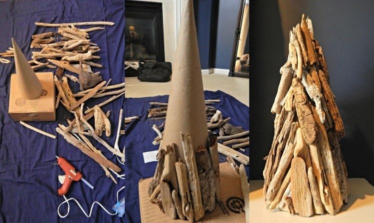 vyrobte jedinečný vianočný stromček z kartónových šišiek a naplaveného dreva vianočná dekorácia-drotár-vianočný-strom-jedľa-naplavené drevo-šiška-papier-kartón