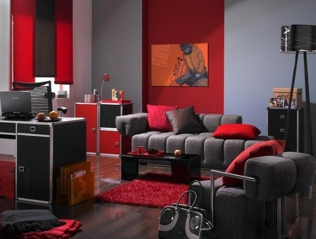 miestnosť pre mládež-nápady-dekorácia-chlapec-tmavo-sivá-červená-hudobný fanúšik