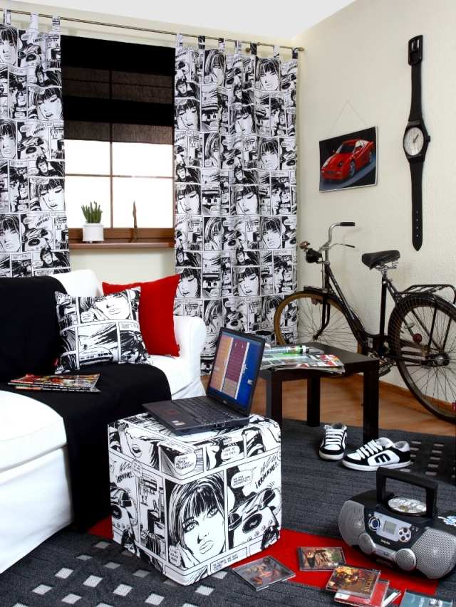 miestnosť pre mládež-nápady-deko-chlapec-čierno-biele-motívy-komiksy