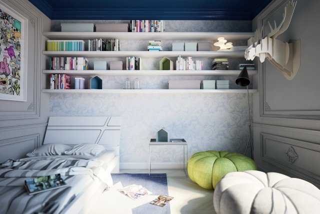 miestnosti pre mládež-nápady-dekorácia-otvorené-police-nástenné-pufy