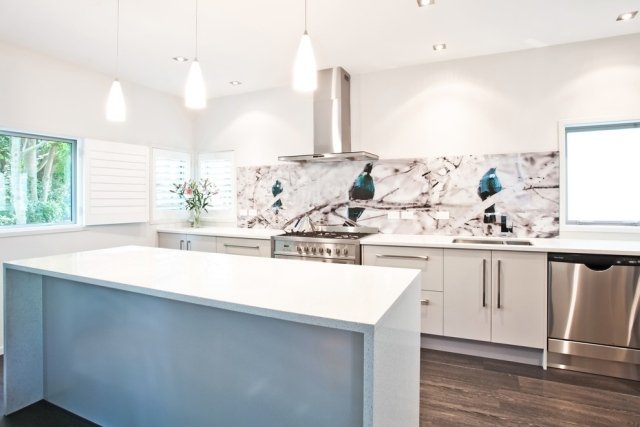 dort-stena-dizajn-nápady-sklo-ochrana proti striekajúcej vode-foto-tapeta-vtáky