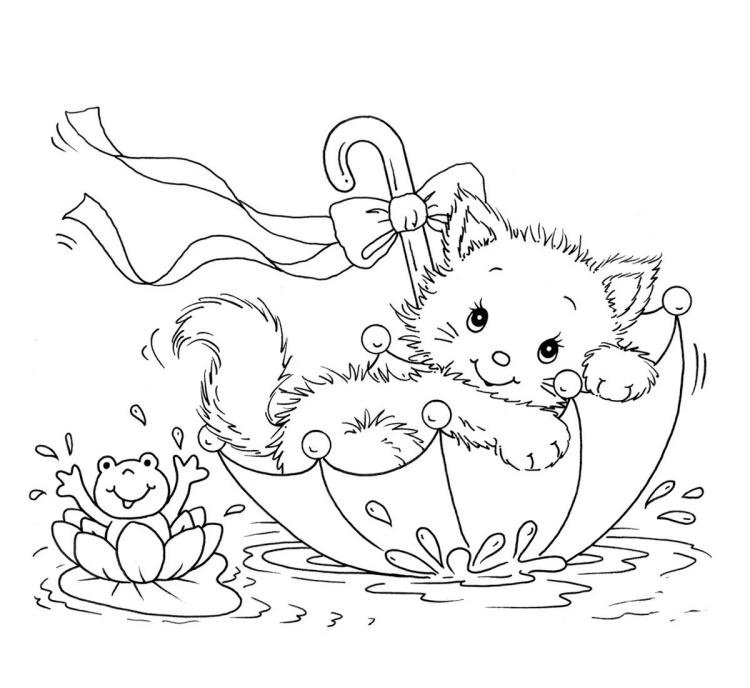deti-omaľovánky-zvieratá-mačka-žaba-dáždnik