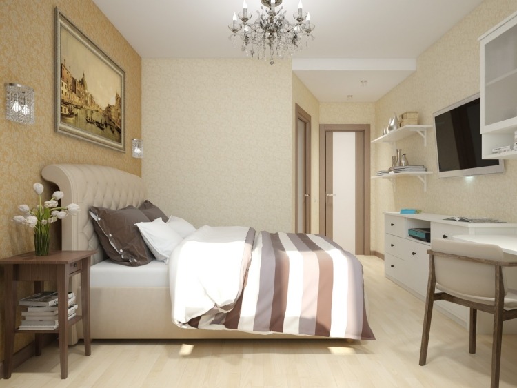 malá spálňa-moderné-svetlé-farby-tapeta-béžová-pracovisko