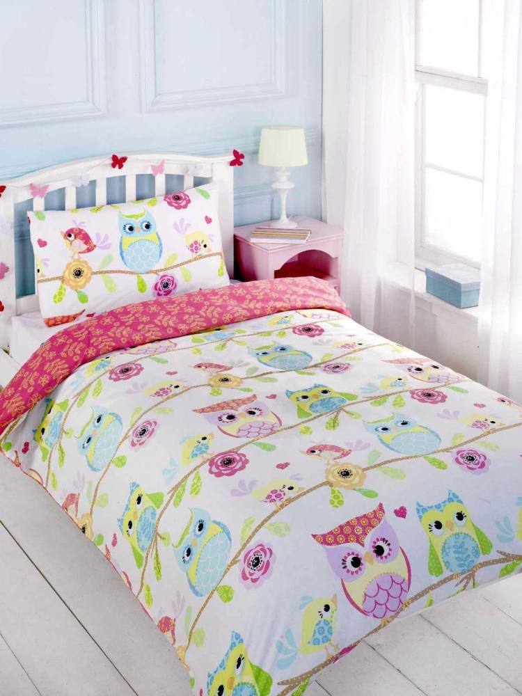 detská izba-vtáky-biela-posteľ-posteľná bielizeň-sova-okenné závesy