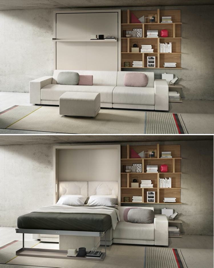 Posteľ Murphy s pohovkou a nástennou policou od Clei