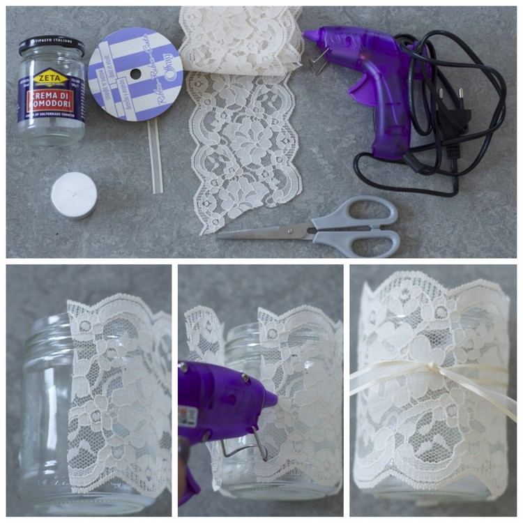 Džem s džemom ozdobte čipkou vianočné dekorácie-nápady-sklo-zdobenie-tip-držiak na čajovú sviečku