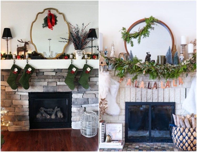 Vianočný krb ozdobený zrkadlom