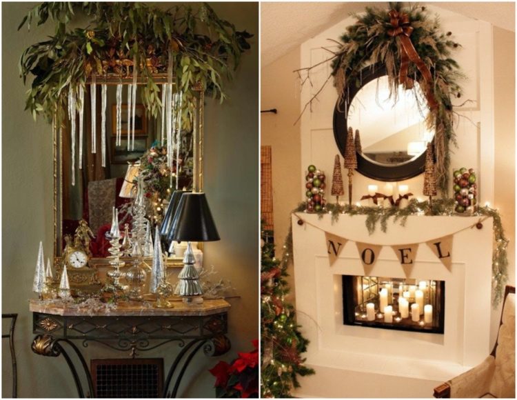 Zrkadlo s honosnou vianočnou ozdobou vyrobenou z konárov