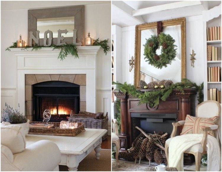 Vianočné dekorácie na krbovú rímsu v štýle vidieckeho domu v prírodných tónoch